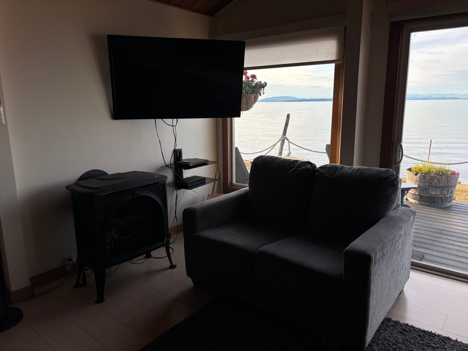 Wide view of the living area and kitchen