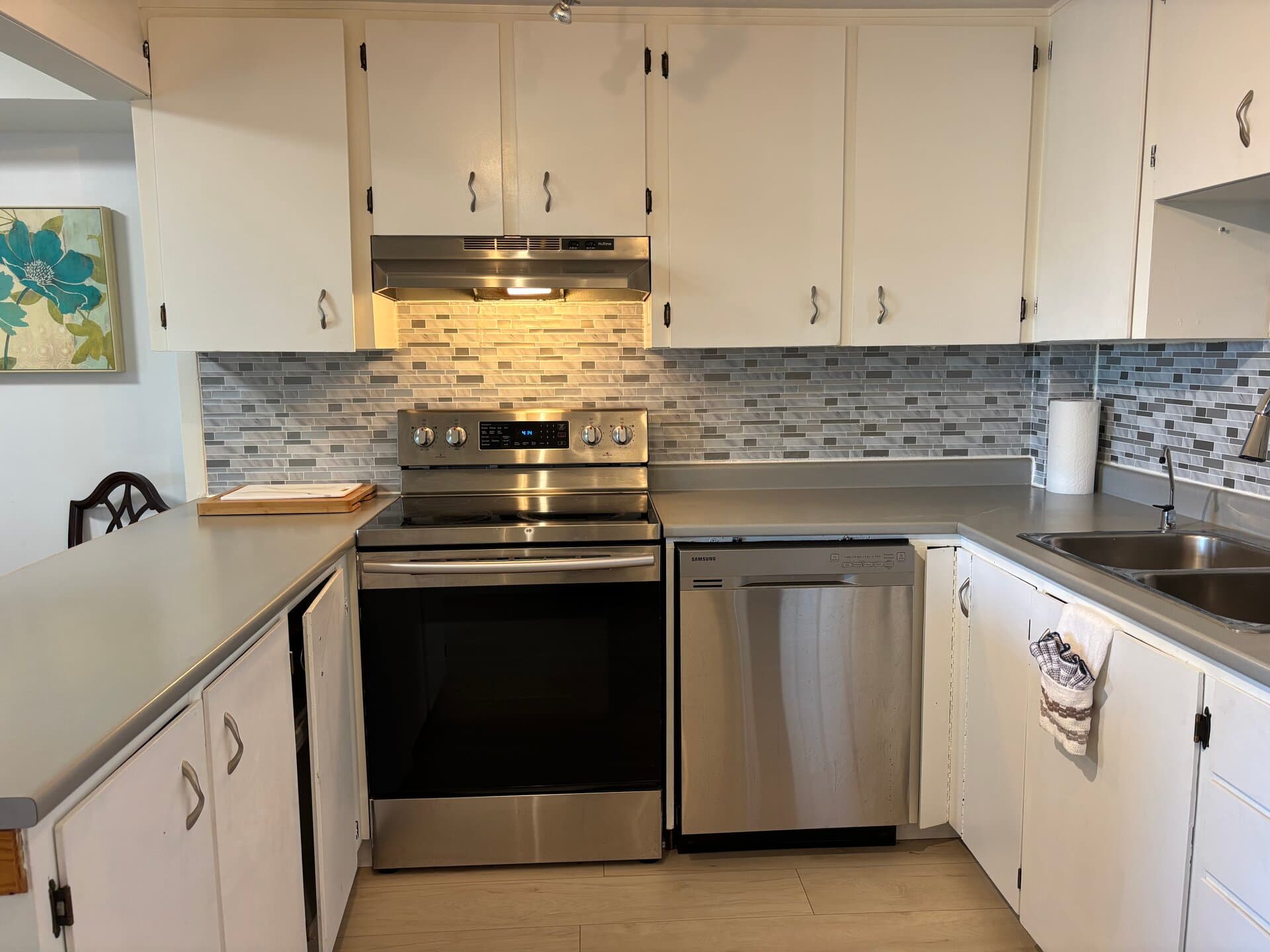 Kitchen range, dishwasher, sink, and tiled backsplash