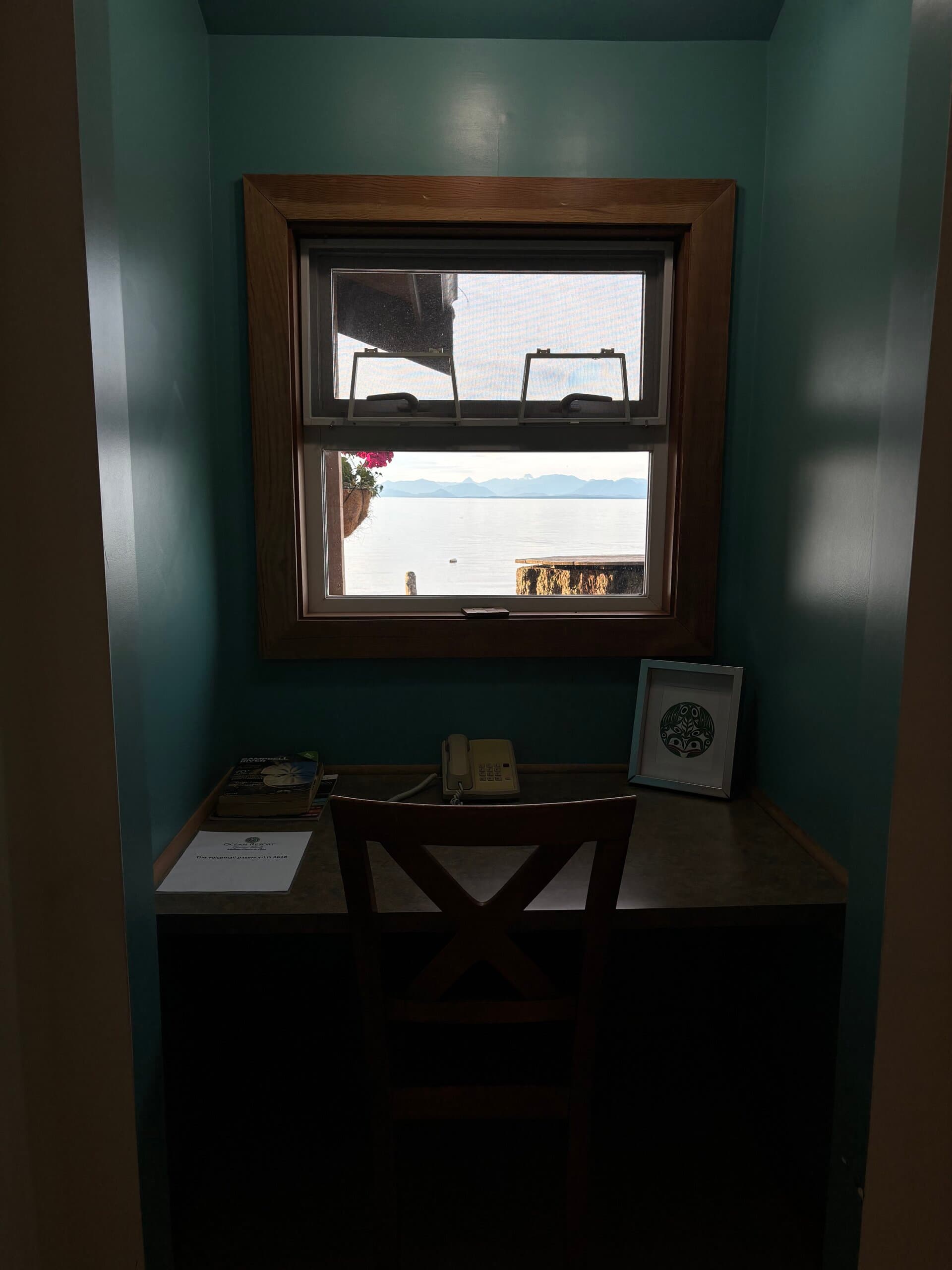 Desk nook with ocean views and teal walls