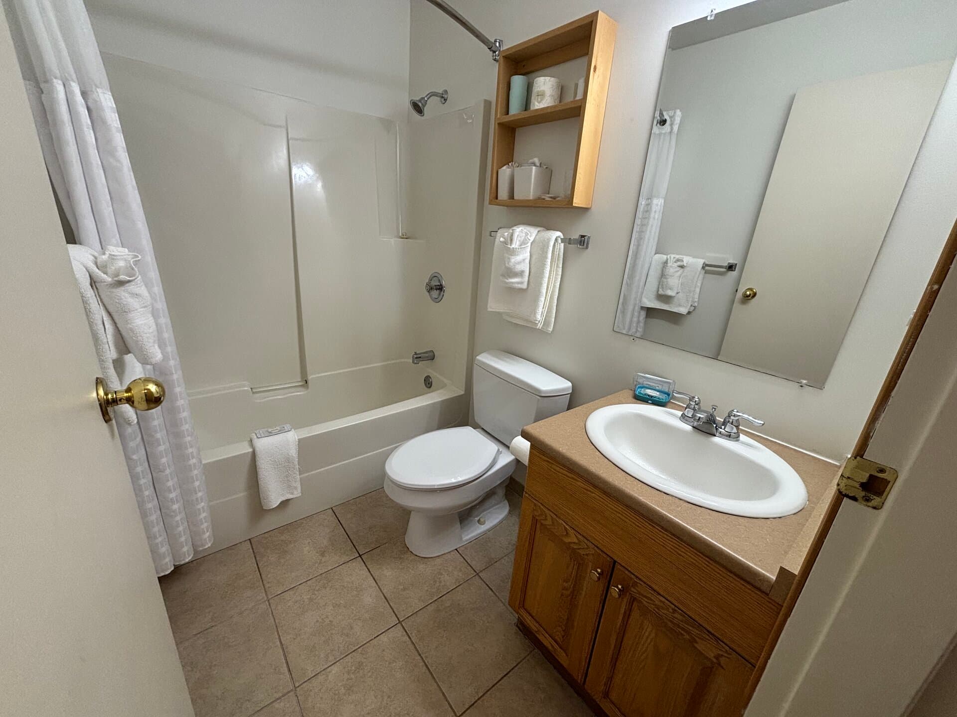 Private bathroom with vanity, tub, and shower combination