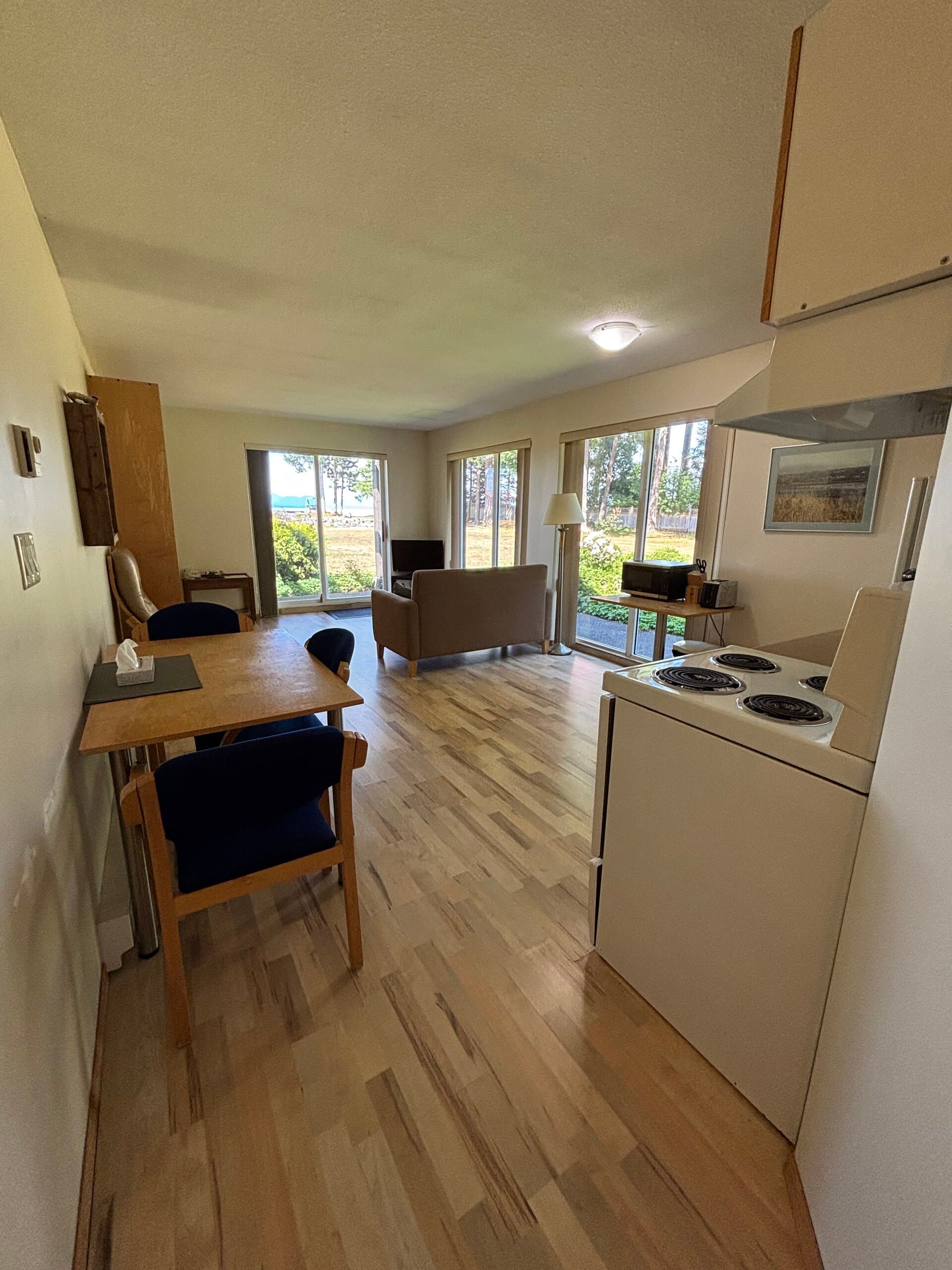 Kitchenette with stove, microwave, dining, sofa, and ocean-view doors